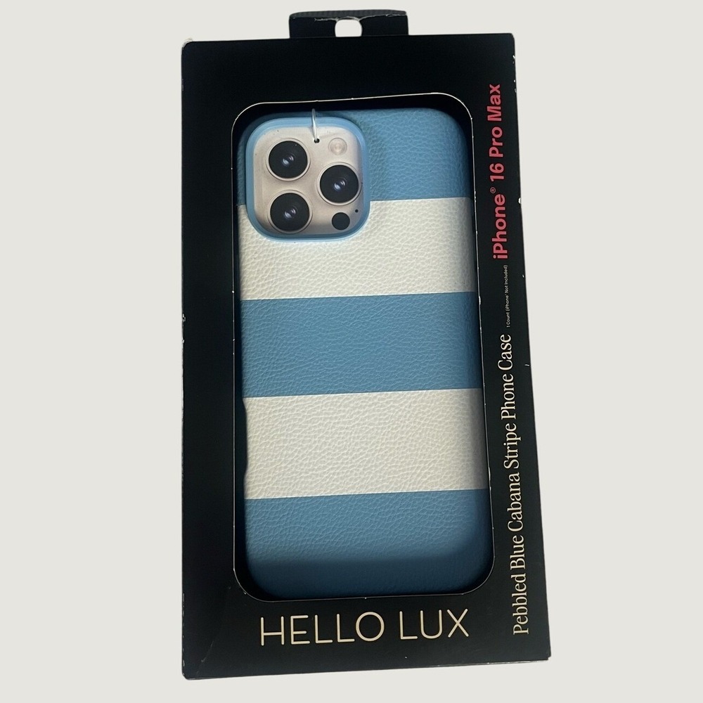Hello Lux iPhone 16 Pro Max Blue Cabana Stripe Pebbled Phone Case New In Box